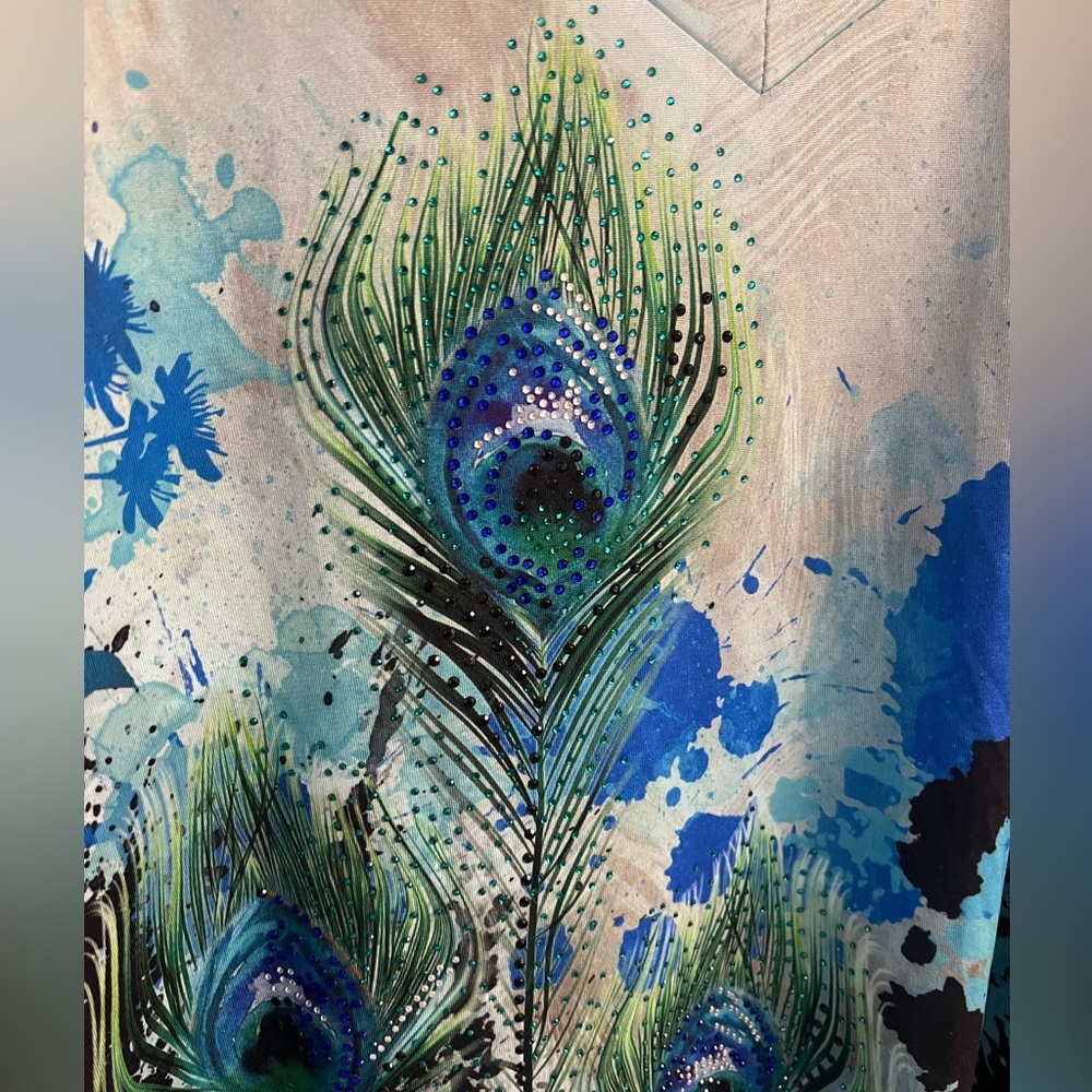 Jess & Jane Peacock Feather Print Bling Sharkbite Tunic Top 3/4 Slvs Size M - Picture 5 of 9